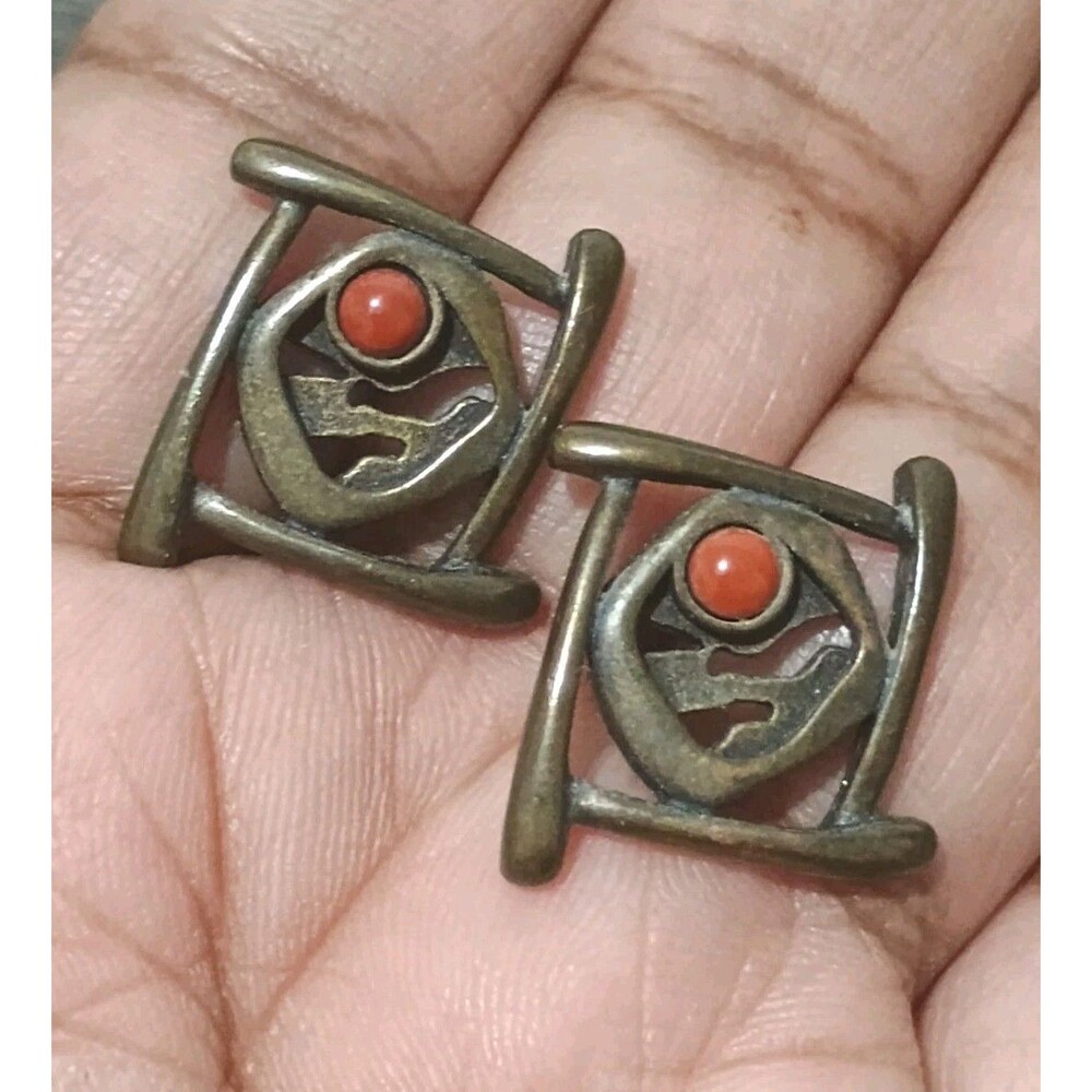 Brutalist Openwork Red Cabachon Bronze Tone Vintage Earrings